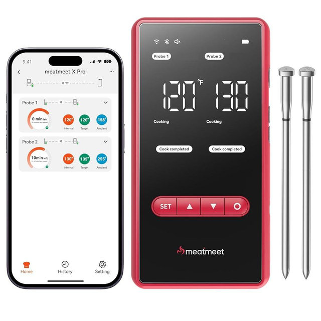 Meatmeet X Pro Wireless Meat Thermometer with Dual Wi-Fi & Bluetooth, Digital Meat Thermometer with 2 Probes & LED Display Base, 6 Built-in Sensors, IP69 Waterproof, for Grills, Ovens, Smokers & BBQs