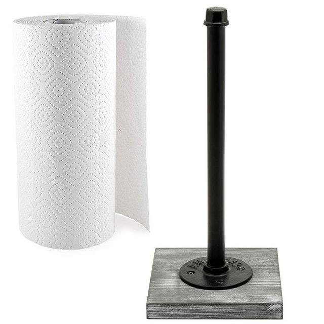 MyGift 13-Inch Industrial Pipe Design Standing Paper Towel Roll Holder with Rustic Gray Whitewashed Wood Base