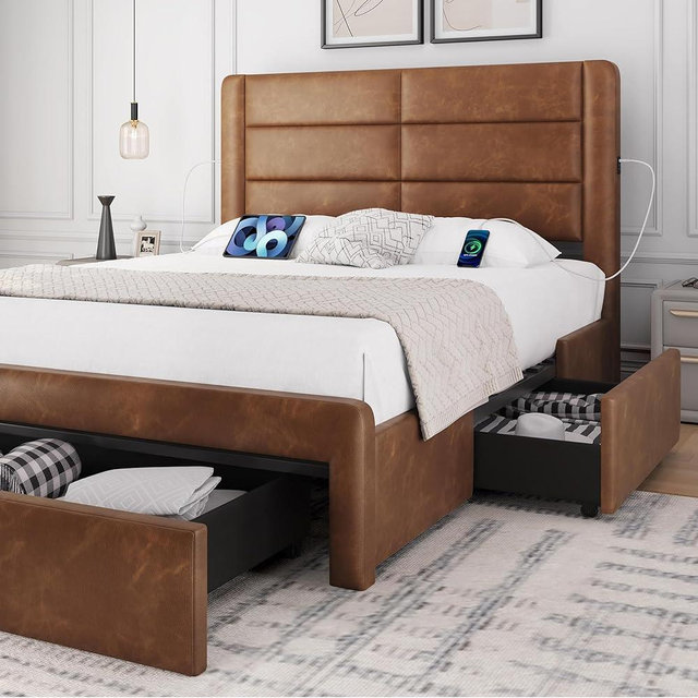 Yaheetech Queen Bed Frame with 2 USB Charging Stations/Port for Type A&Type C/3 Storage Drawers,Leather Upholstered Platform Bed with Headboard/Solid Wood Slat Support/No Box Spring Needed/Amber Brown