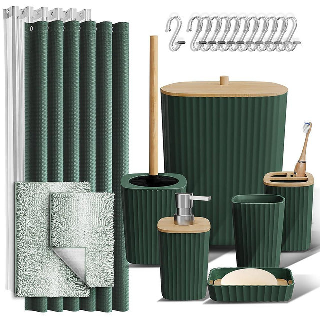 Clara Clark Bathroom Accessories Set - Bathroom Set, Bathroom Sets with Shower Curtain and Rugs, Shower Curtain Set with Bathroom Trash Can - Ombre Green - 22PC