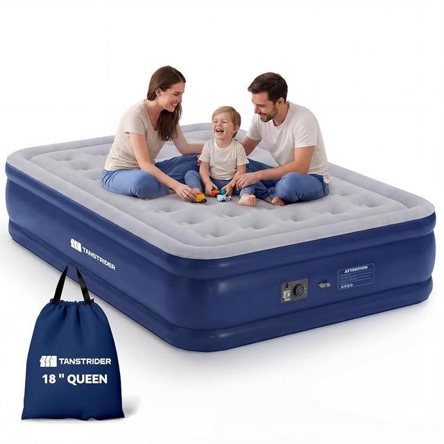 TANSTRIDER Queen Air Mattress with Built in Pump,18" Raised Blow up Air Bed,3 Mins Quick Self-Inflation/Deflation, Inflatable Mattress for Camping/Home/Guests/Travel (Navy Blue)