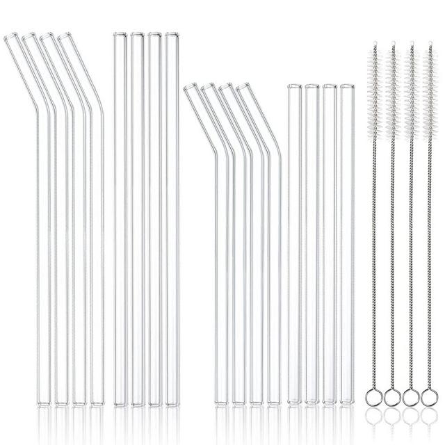 16-Pack Reusable Glass Straws, Size 10''x10MM and 8.5''x10MM Each Including 4 Straight and 4 Bent, Clear Glass Drinking Straw with 4 Cleaning Brushes Perfect for Juice, Smoothies, Cocktail