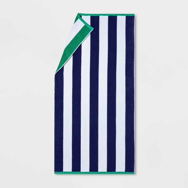 Reversible Cabana Striped Beach Towel Green/Navy - Sun Squad™