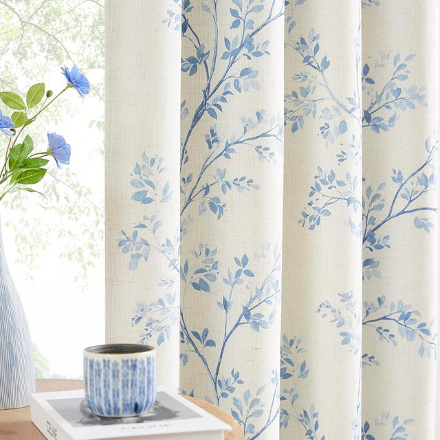 Amzdecor Blue Floral Full Blackout Curtains for Living Room Bedroom Linen Blend Botanical Leaf Print Thermal Insulated Drapes with Liner Back Tab Rod Pocket Farmhouse Window Treatment,2 Panels,40"x84"