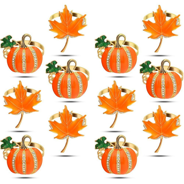 KPOSIYA Fall Napkins Rings, 12 Pcs Thanksgiving Napkin Ring Fall Maple Leaf Napkin Rings and Halloween Pumpkin Napkin Holders for Thanksgiving Table Decorations, Fall Banquet, Holiday Dinner Party