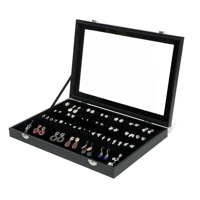 Black Velvet Earrings Organizer Tray with Transparent Glass lid Earrings Storage Box Earring Jewelry Display Case Jewelry Organizer With Clear Lid Earring organization for Girls Women