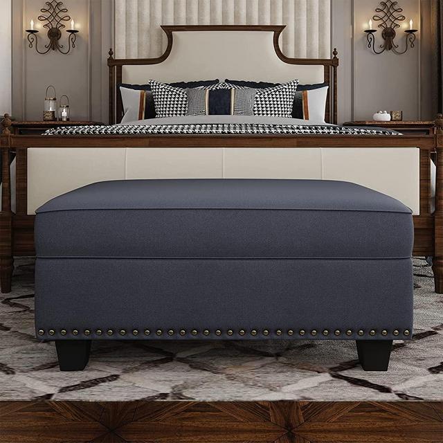 Nolany Storage Ottoman Rectangular Ottoman with Nailhead Trim for Living Room, Bluish Grey