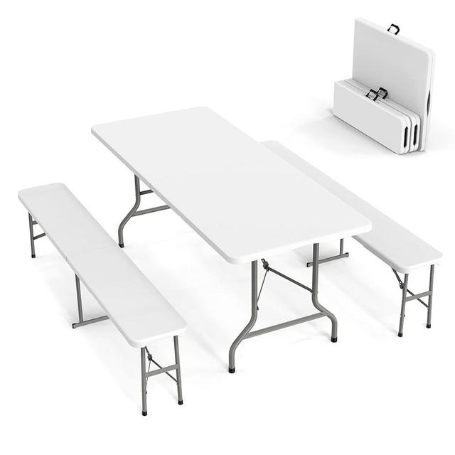 VINGLI Picnic Table Set with 2 Benches, 6 Feet Camping Table Chair Set,Heavy-Duty HDPE Maretail with Metal Frame,3-Piece Folding Furniture for Indoor or Outdoor Use