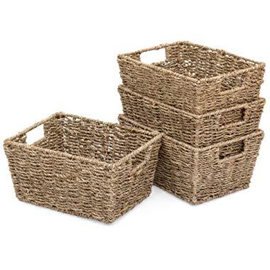 Best Choice Products Set of 4 Multipurpose Stackable Seagrass Storage Laundry Organizer Tote Baskets w/Insert Handles