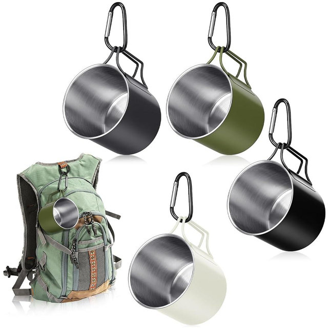 Zhehao 4 Pcs Camping Mugs with Folding Handles D Ring Stainless Steel Camping Cups Portable 12 oz Backpacking Mugs Camping Coffee Cups Travel Cups for Outdoor Camping Hiking Climbing Picnic