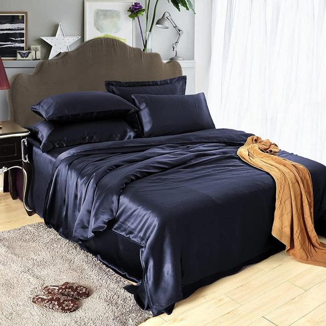 LILYSILK 4Pcs Silk Bedding Sheets Flat Sheet Fitted Sheet Oxford Pillowcases Set 19 Momme Pure Silk (Navy Blue, King)