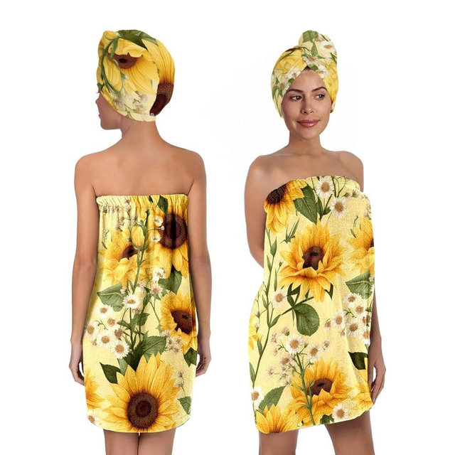 Sunflower Print Bath Wrap Set with Hair Turban, Yellow Floral Spa Towel Wrap, Towel Robe for Women