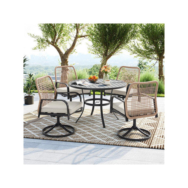 EROMMY 5 Pieces Outdoor Patio Dining Set,4 Woven Rattan Swivel Chairs With Cushions & Metal Round Table