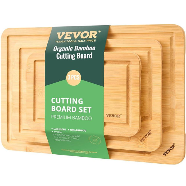 VEVOR Cutting Board 3 Pieces, Premium Versatile Bamboo Cutting Board, Food-Grade Oil and Juice Groove,Sturdy Durable Chopping Board, Built-in Handle, Wooden for Display Chopping Serving