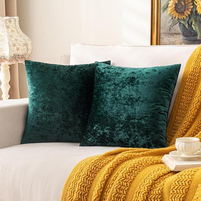 SINYASAN Set of 2 Teal Green Decorative Velvet Throw Pillow Covers 18x18 Inches, Soft Neutral Accent Pillow Cases with Vintage Textured Farmhouse Couch Cushion Covers for Luxurious Home Decor