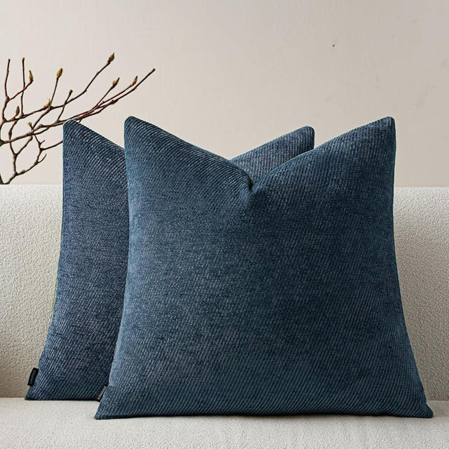 a moment Pack of 2 Decorative Chenille Throw Pillow Covers with Twill Cushion Covers for Sofa Living Room Couch Bed 18x18 Inch Blue