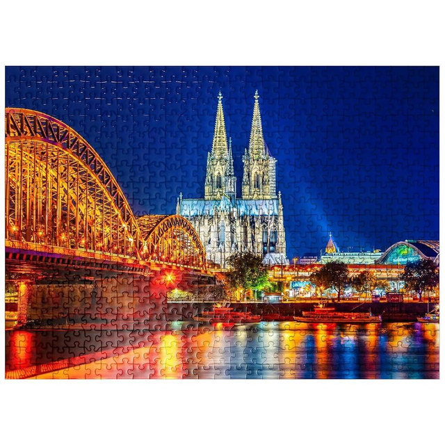MyPuzzle Night View of Cologne Cathedral and Hohenzollern Bridge Over Rhine, Germany - Premium 500 Piece Jigsaw Puzzle for Adults