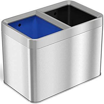 iTouchless Dual Compartment Slim Open Top Waste Bin for Trash Can & Recycle Container 20 Liter / 5.3 Gallon, Stainless Steel
