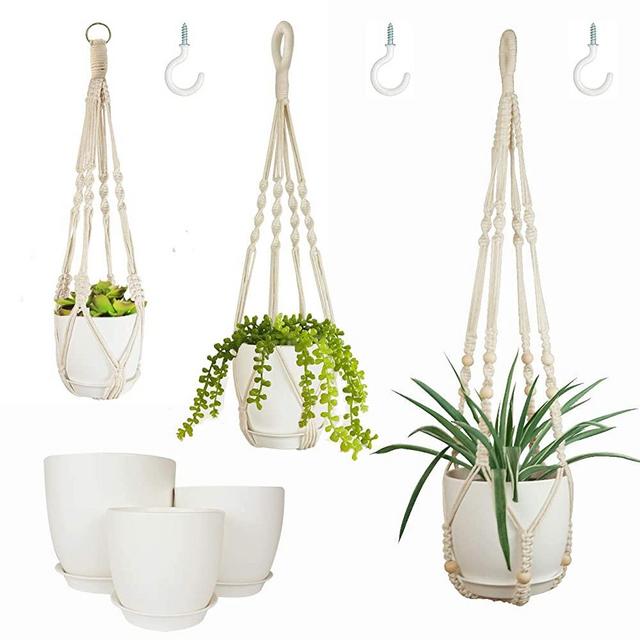 Bouqlife Macrame Plant Hangers with Pots Included No Tassel Set of 3 Indoor Hanging Planter Holder with Saucers & Hooks 34" / 23" / 20"