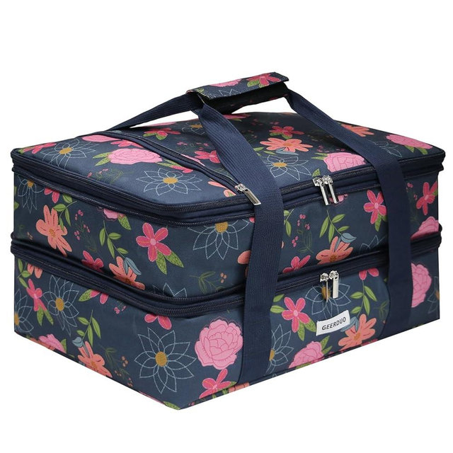 JLDTOP Double Insulated Casserole Carrier for Hot or Cold Food, Warmer Bag Floral, Lasagna Holder Tote for Potluck Party Picnic Cookout Reunion, 9"x13" Dish Carrier (Blue Floral)
