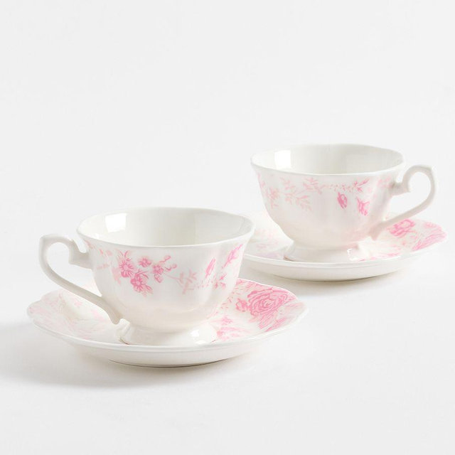 LoveShackFancy Pink Rose Teacups & Saucers, Set of 2