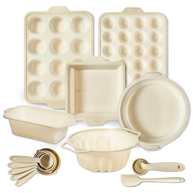 COOK WITH COLOR 17 Pc. Silicone Baking Pan Set - Non-Stick & Easy Clean Silicone Muffin Pans for Baking with Sturdy Metal Frame for Stability, Flexible Cake Molds, Includes Measuring Cups and Spoons