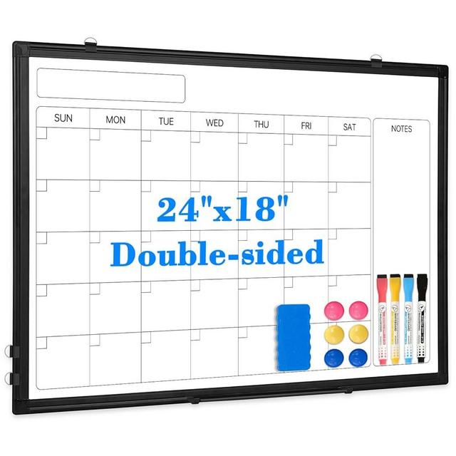 Monthly Calendar Dry Erase Whiteboard, 24" x 18" Magnetic Calendar White Board, Double-Sided Portable Board with Black Aluminium Frame for Office, Kitchen, School, Home