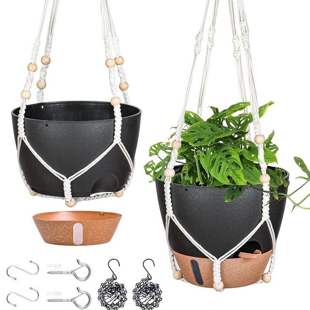 Fielda 10 Inch Hanging Planters for Indoor Plants, 2 Pack Self Watering Hanging Baskets Flower Pots with Drainage Hole, Visual Reservoir & 2 Kinds of Plant Hanger for Outdoor Garden Home Decor（Black）