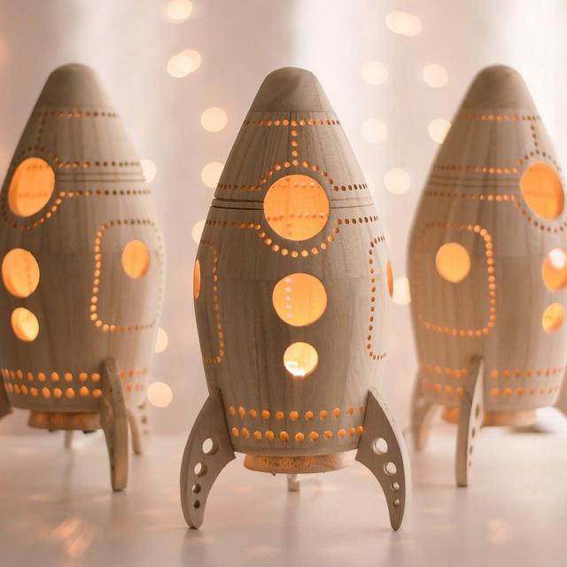 Rocket Night Light - Wooden Bedside Lamp - Space Themed Kid's Room and Nursery Decor