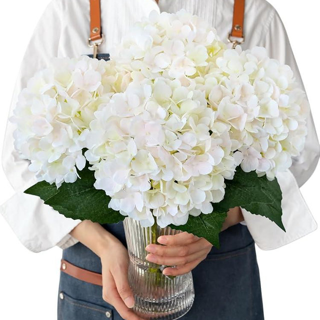 JINWOE Boho Silk Hydrangea Artificial Flowers, 4PCS 21" Cream Pink Large Lifelike Flowers,Artificial Hydrangeas for Baby Showers Indoor Bouquet Table Centerpieces Home Outdoor