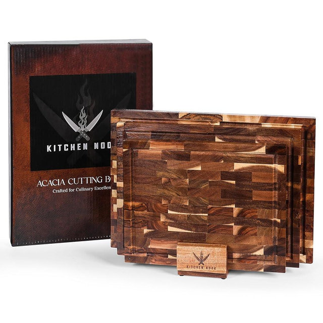 Kitchen Nook Acacia Wood Cutting Board Set - 3 Piece Acacia Cutting Board with Holder, Knife Friendly, Dual Sided, Built-in Handles, & Juice Grooves | 13, 15, & 17 Non Toxic Cutting Boards for Kitchen