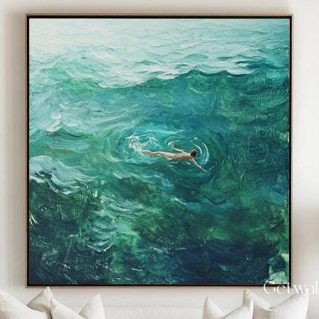 Swimming Into The Sea Green Ocean Oil Painting Countryside Wall Art Landscape Oil Painting on Canvas For Home Decor Tiny People Wall Art