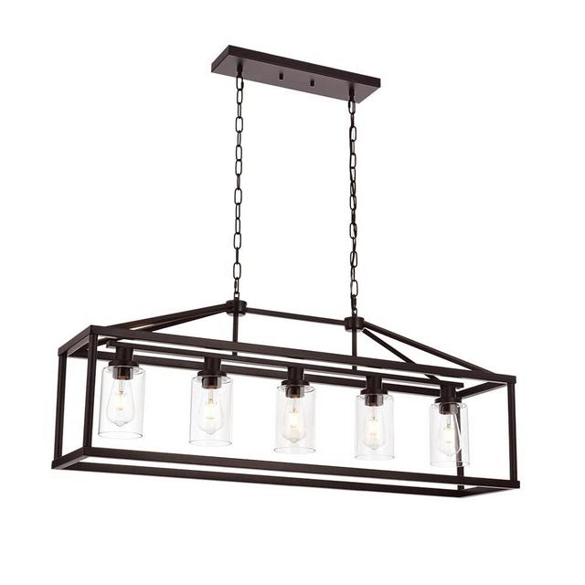 BONLICHT Industrial Rustic Farmhouse Chandelier 5 Light Modern Rectangle Dining Room Light Fixture Hanging Oil Rubbed Bronze Kitchen Island Cage Pendant Lighting with Clear Glass Shade for Hallway Bar