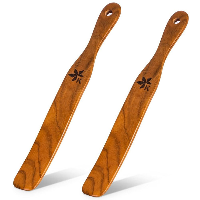 2 Pack Spurtle for Sourdough Starter, Danish Dough Whisk and Jar Spatula, Solid Teak Wood for Mixing, Scraping Jars and Bread Making Tools, Wooden Kitchen Utensils for Non-Stick Cookware