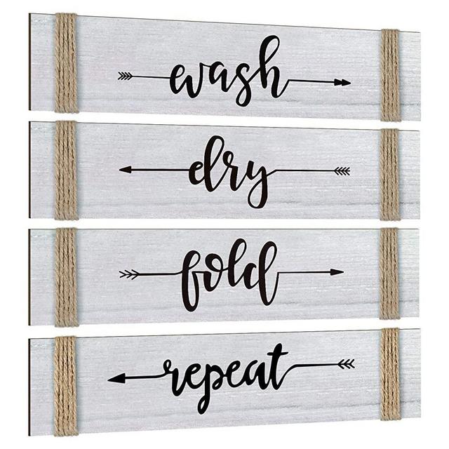 4 Pieces Laundry Room Decor Home Vintage Wooden Decoration Rustic Farmhouse Wall Wash Dry Fold Repeat Laundry Signs Wall Art with Twine for Decorating Home Wall Room, 12 x 3 x 0.28 Inch
