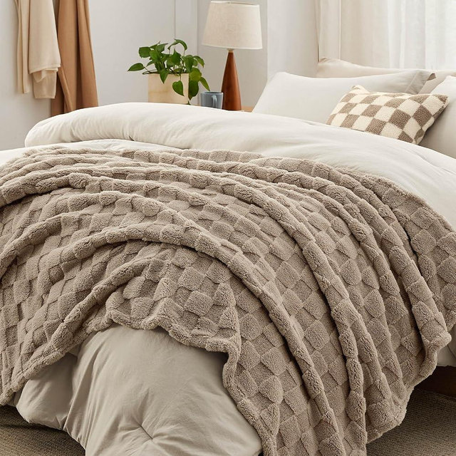 Bedsure Twin Comforter Set 4 Pieces - Bed in a Bag with Checkered Throw Blanket and Decorative Pillow, Lightweight Bedding Comforter Sets, All Season Boho Bedding, Linen Beige