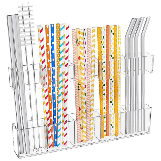 Mpotmiy 9.5” Large Acrylic Straw Holder for Cabinet Door-Reusable Tumbler Straw Organizer with Ultra Sticky Adhesive Tape ,Plastic Kitchen Accessories Container for Inside Cupboard Door (Transparent)