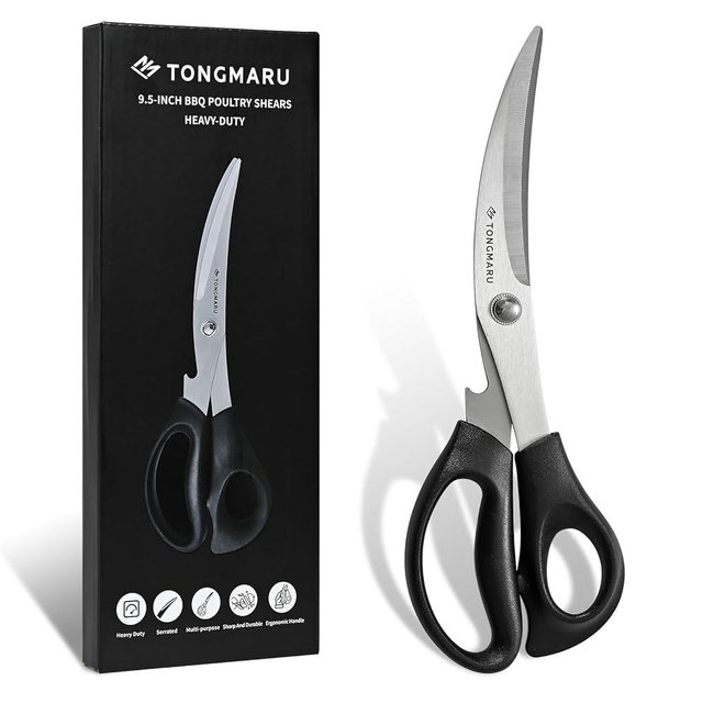 Heavy Duty BBQ Shears, Super Sharp All Purpose Kitchen Poultry Shears, Korean Barbeque Scissors with Anti-slip Handle, Serrated Blades with Bottle Opener function