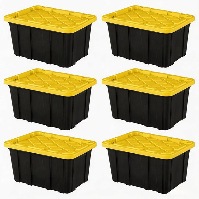 CNEIESD 6-Pack 27 Gallon Large Plastic Storage Totes with Snap-On Lids, Durable Stackable Storage Bins for Garage & Basement, Black & Yellow