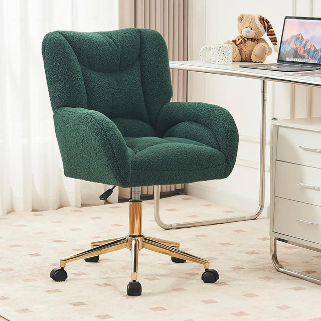 Anewome Swivel Office Desk Chair with Wheels Upholstered Sherpa Desk Modern Armchair Height Adjustable Computer Task Chair Boucle Makeup Vanity Desk with Gold Metal Frame, 38.2" H Green