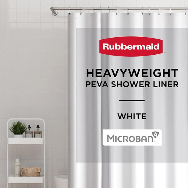Rubbermaid White Shower Curtain Liner, Waterproof Heavyweight PEVA Shower Liner for Bathroom, with Magnets and Rustproof Black Grommets, 70x72, Standard Size, White