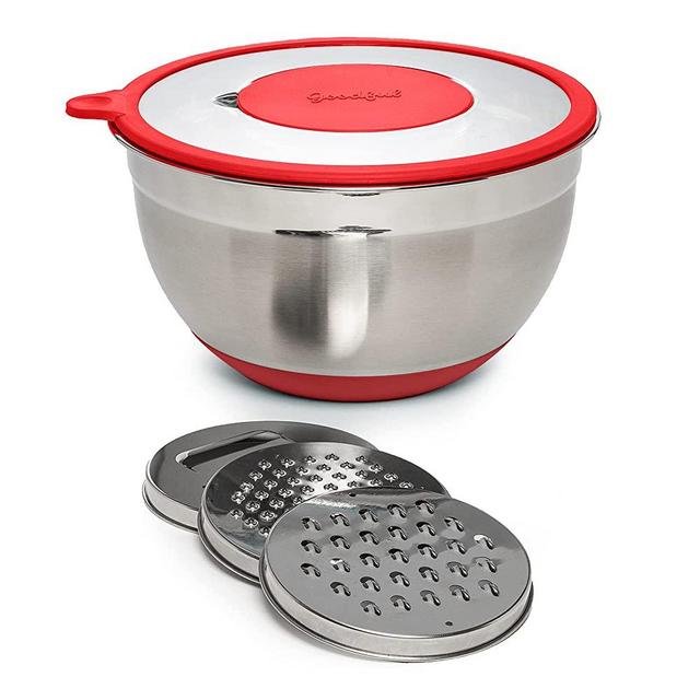Goodful Stainless Steel Mixing Bowl with Non-Slip Bottom, Lid and 3 Interchangeable Grater Inserts (Fine, Coarse, Slicing), 5 Quart, Red