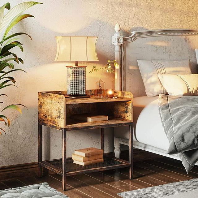 Rolanstar End Table, Nightstand 25.2" H, Side Table with Open Drawer and Storage Shelves, Stable Retro Metal Frame, for Living Room, Bedroom