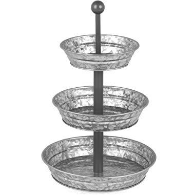 3 Tier Serving Tray - Galvanized, Rustic Metal Stand. Dessert, Cupcake, Fruit & Party Three Tiered Platter. Country Farmhouse Vintage Decor for the Kitchen, Home, Farm & Outdoor by Hallops