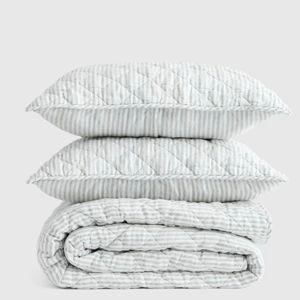 Queen Mist and White Stripe European Linen Striped Quilt Set