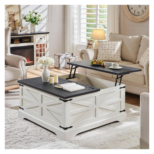 SinCiDo Farmhouse Lift Top Coffee Table, 36" Square Center Table w/Large Hidden Storage Compartment, Rustic Wood Living Room Dining Table, White