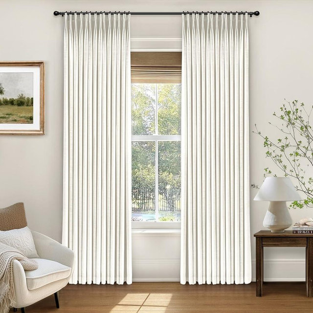 INOVADAY Pinch Pleated Curtains, 100% Light Blocking Linen Pinch Pleat Blackout Curtains for Bedroom, Thermal Insulated Blackout Drapes 2 Panels Set for Living Room - Natural on Linen, W40 x L120