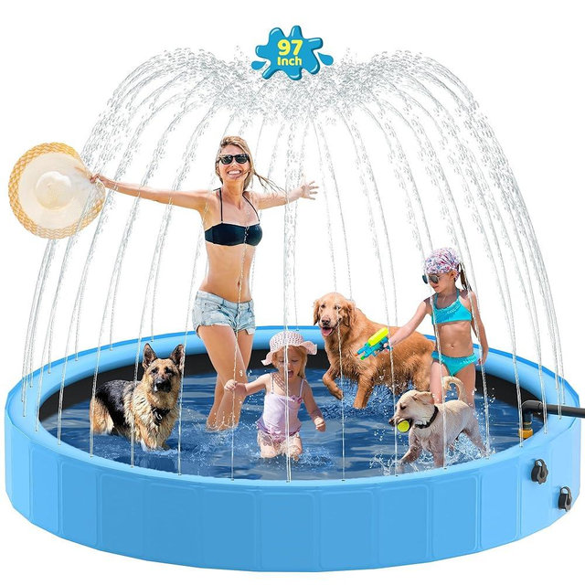 Raxurt Dog Pool with Sprinkler, 97'' Foldable Dog Pools for Large Dogs, 2-in-1 PVC Non Slip Pet Bathing Tub for Outdoor Backyard, Blue