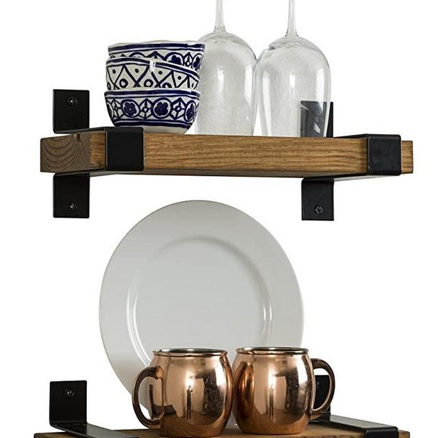 Rustic Wood Industrial Brackets Wall Mounted Floating Shelves Storage Set for Home, Office, Dorm, Bed and Bath (Walnut, 16 Inch)