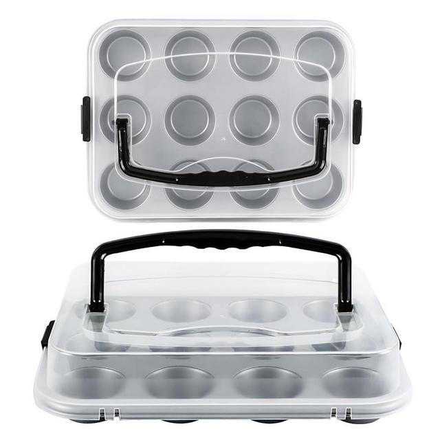 Spmarkt 2-Pack Muffin Pan with Carry Lid, Non-Stick 12-Cup Muffin Tin, Silver Cupcake Pan with Lid and Handle for Transporting, Suitable for Party, Holiday, Gathering etc